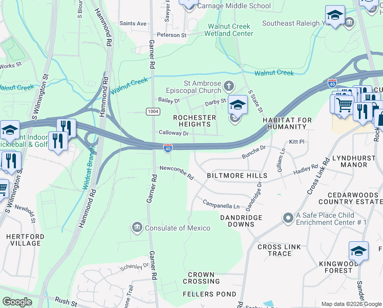 map of restaurants, bars, coffee shops, grocery stores, and more near 600 Hadley Road in Raleigh