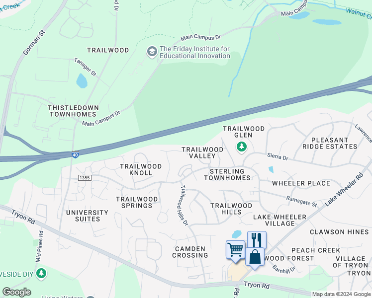 map of restaurants, bars, coffee shops, grocery stores, and more near 2800 Trailwood Pines Lane in Raleigh