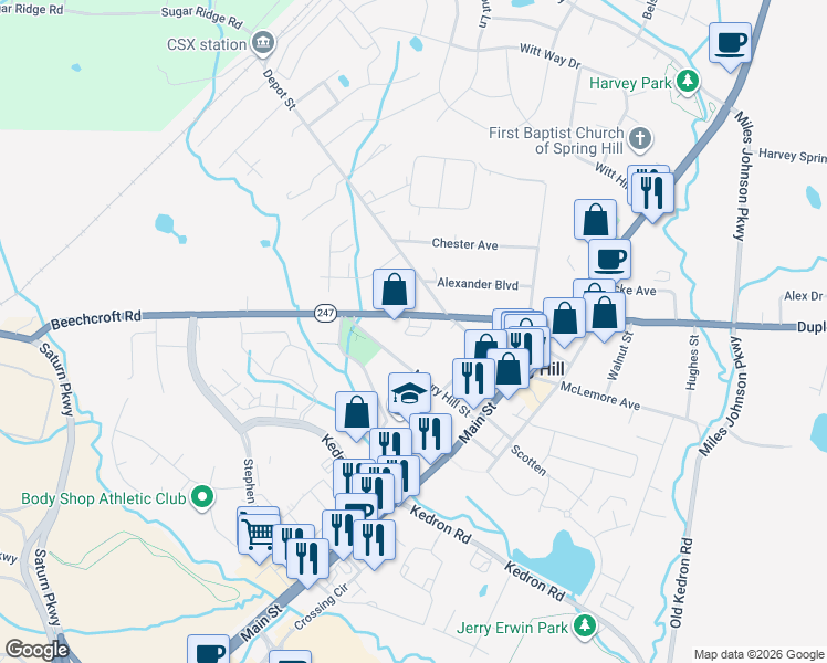 map of restaurants, bars, coffee shops, grocery stores, and more near 2011 Birch Lane in Spring Hill