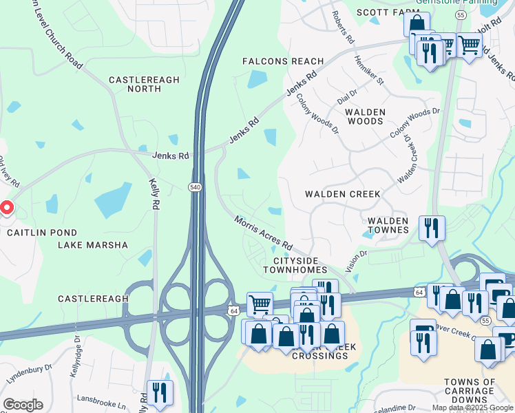 map of restaurants, bars, coffee shops, grocery stores, and more near 7208 Green Level Church Road in Apex