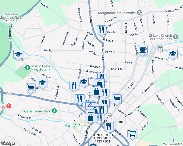 map of restaurants, bars, coffee shops, grocery stores, and more near 113 Morehead Street in Morganton