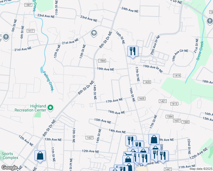 map of restaurants, bars, coffee shops, grocery stores, and more near 1785 14th Street Place Northeast in Hickory