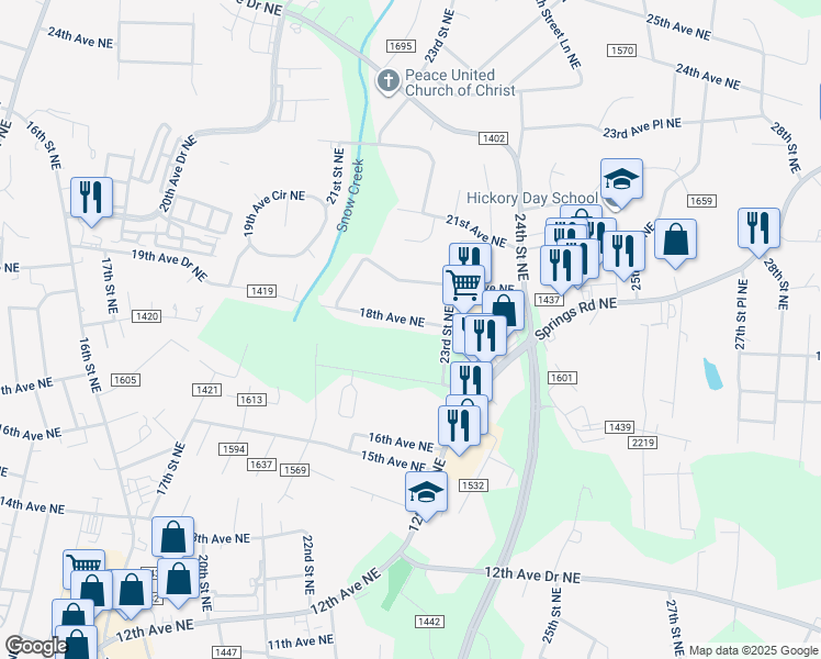 map of restaurants, bars, coffee shops, grocery stores, and more near 2282 18th Avenue Northeast in Hickory
