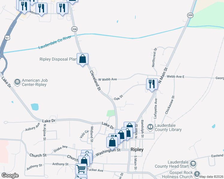 map of restaurants, bars, coffee shops, grocery stores, and more near 205 Tichenor Street in Ripley