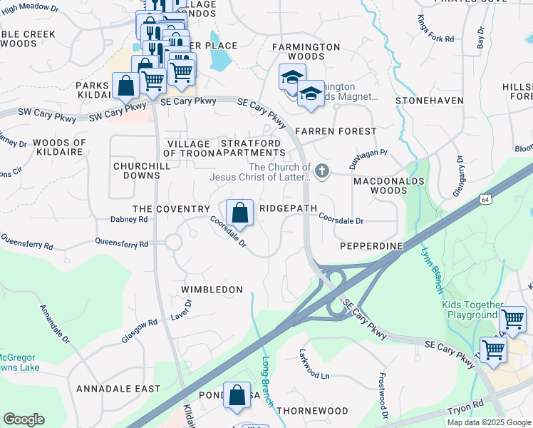 map of restaurants, bars, coffee shops, grocery stores, and more near 103 Wightman Court in Cary