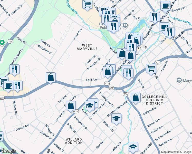 map of restaurants, bars, coffee shops, grocery stores, and more near 523 Lord Avenue in Maryville
