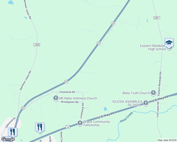 map of restaurants, bars, coffee shops, grocery stores, and more near 5157 Graves Thomas Road in Ramseur
