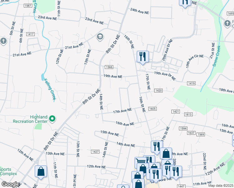 map of restaurants, bars, coffee shops, grocery stores, and more near 1785 14th Street Place Northeast in Hickory