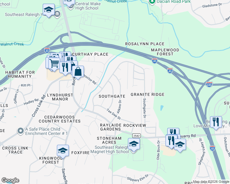 map of restaurants, bars, coffee shops, grocery stores, and more near 2000 Crawford Road in Raleigh