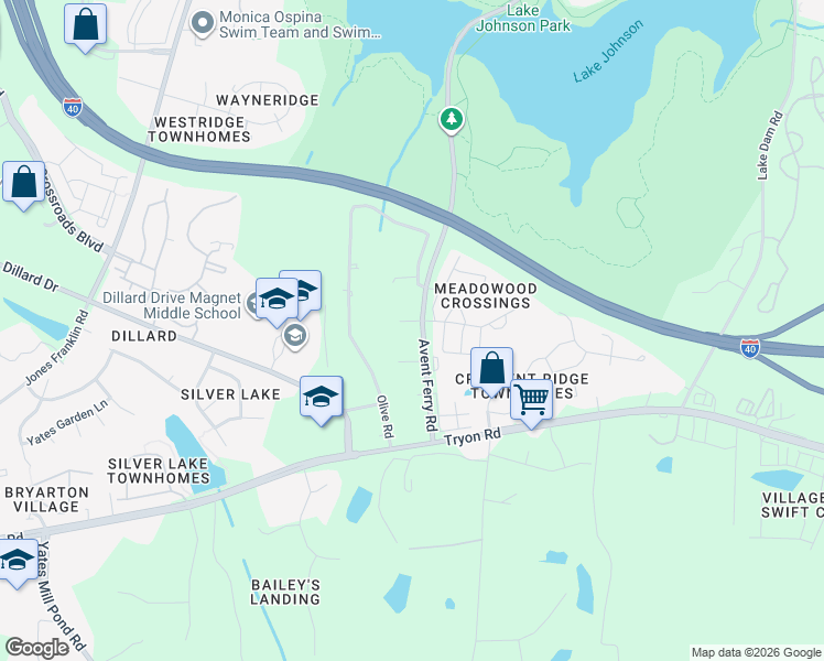 map of restaurants, bars, coffee shops, grocery stores, and more near 5400 Avent Ferry Road in Raleigh