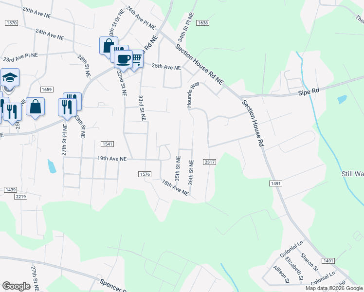 map of restaurants, bars, coffee shops, grocery stores, and more near 2010 35th Street Northeast in Hickory