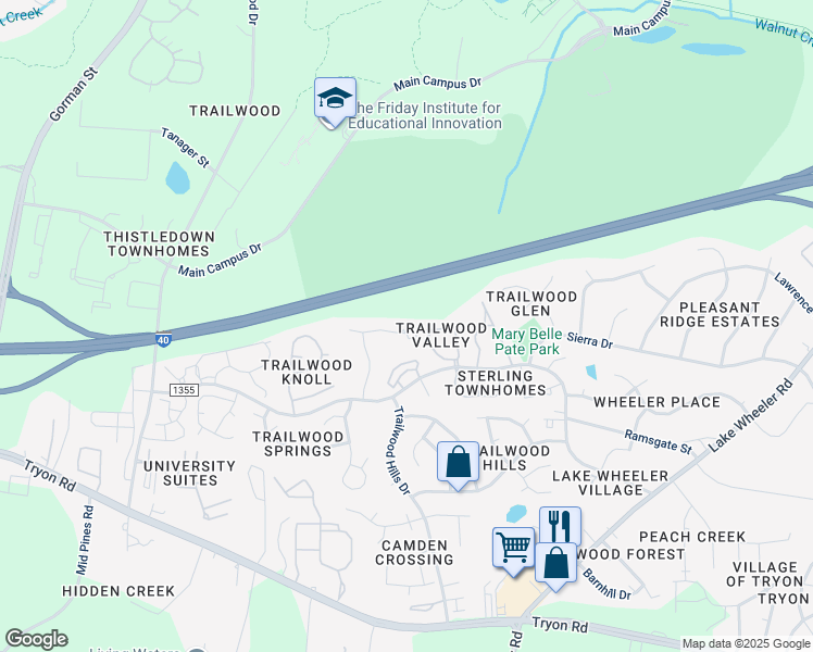 map of restaurants, bars, coffee shops, grocery stores, and more near 2800 Trailwood Pines Lane in Raleigh