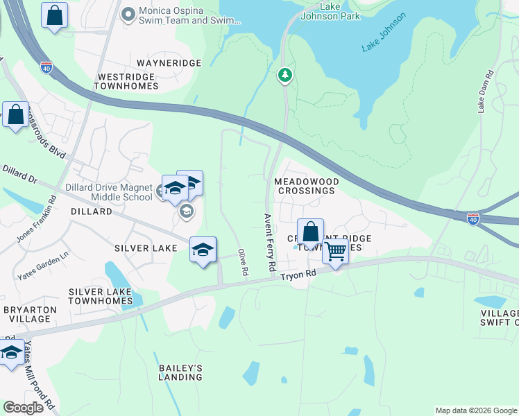 map of restaurants, bars, coffee shops, grocery stores, and more near 5400 Avent Ferry Road in Raleigh