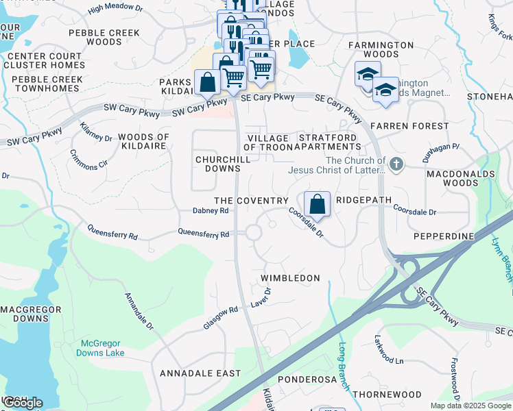 map of restaurants, bars, coffee shops, grocery stores, and more near 103 Kettering Lane in Cary