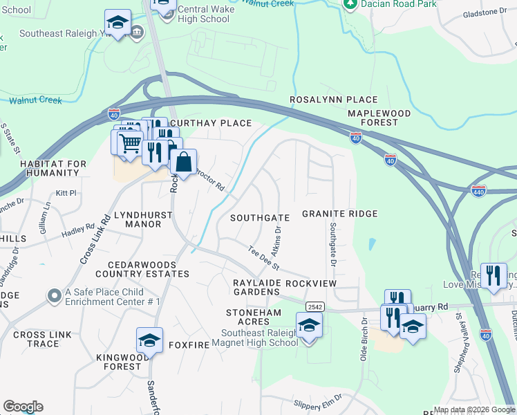 map of restaurants, bars, coffee shops, grocery stores, and more near 2000 Crawford Road in Raleigh