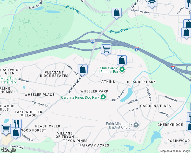 map of restaurants, bars, coffee shops, grocery stores, and more near 1521 Creekwood Court in Raleigh
