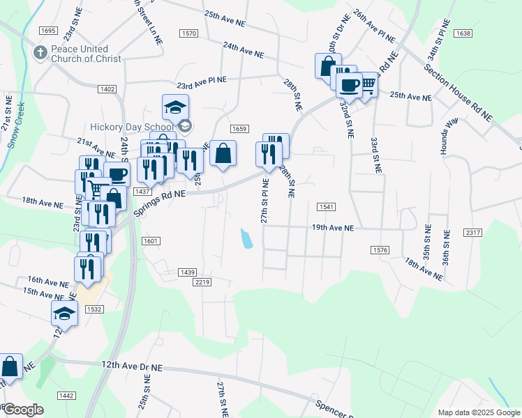 map of restaurants, bars, coffee shops, grocery stores, and more near 1919 27th Street Place Northeast in Hickory
