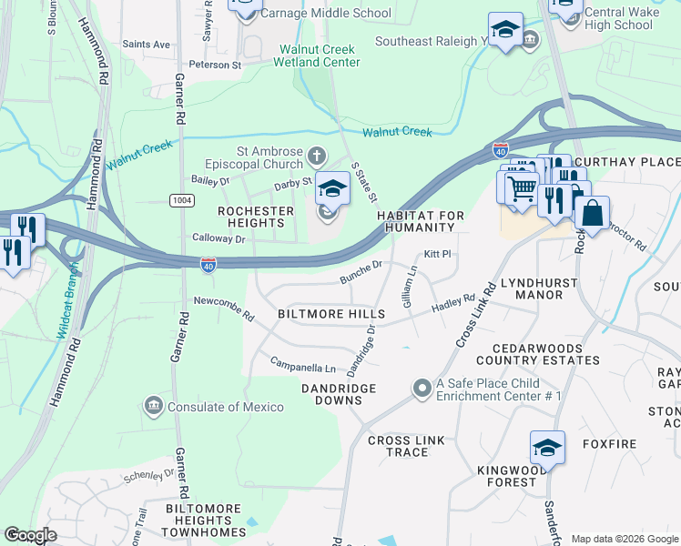 map of restaurants, bars, coffee shops, grocery stores, and more near 761 Bunche Drive in Raleigh