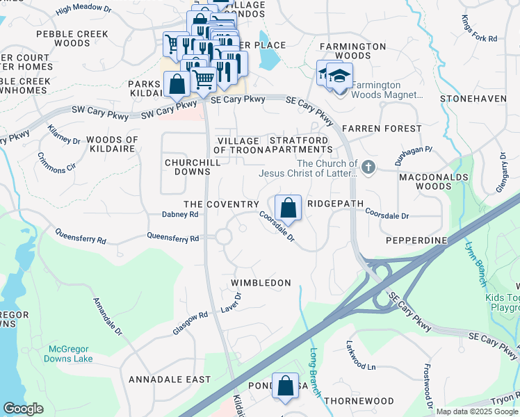 map of restaurants, bars, coffee shops, grocery stores, and more near 100 Connors Circle in Cary