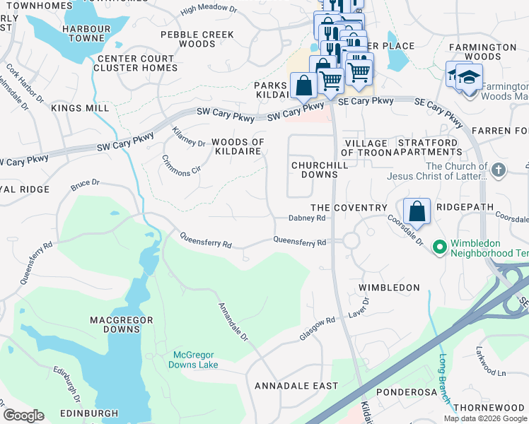 map of restaurants, bars, coffee shops, grocery stores, and more near 204 Beachers Brook Lane in Cary