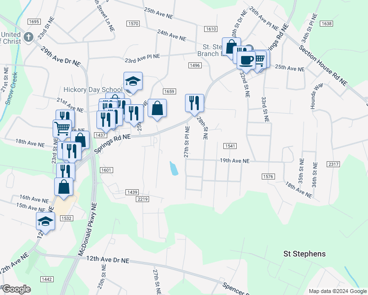 map of restaurants, bars, coffee shops, grocery stores, and more near 1919 27th Street Place Northeast in Hickory