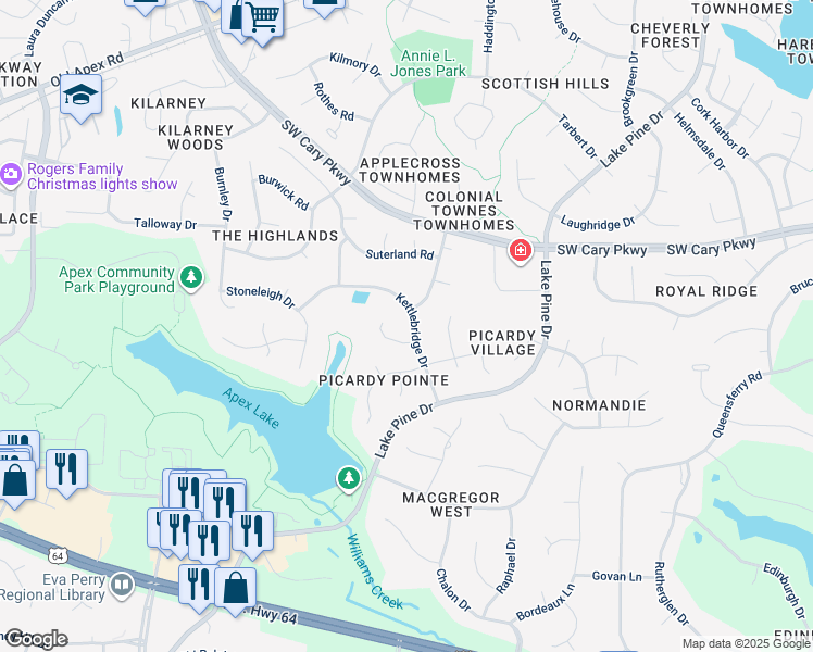map of restaurants, bars, coffee shops, grocery stores, and more near 207 Kettlebridge Drive in Cary