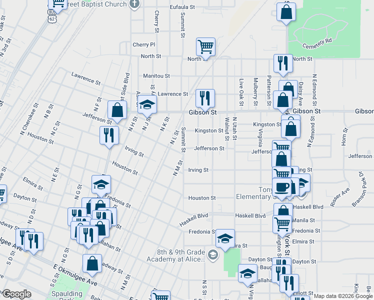 map of restaurants, bars, coffee shops, grocery stores, and more near 978 North M Street in Muskogee