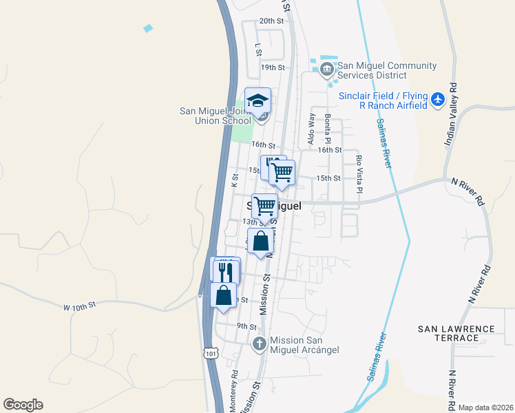 map of restaurants, bars, coffee shops, grocery stores, and more near 1356 L Street in San Miguel