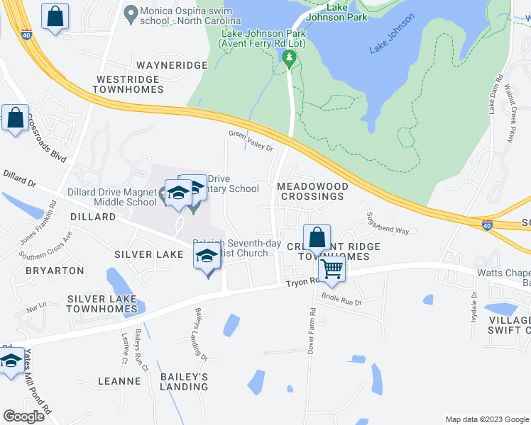 map of restaurants, bars, coffee shops, grocery stores, and more near 5400 Avent Ferry Road in Raleigh