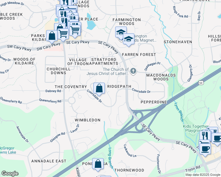 map of restaurants, bars, coffee shops, grocery stores, and more near 103 Wightman Court in Cary