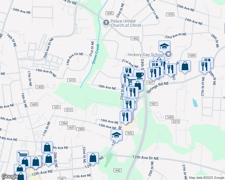 map of restaurants, bars, coffee shops, grocery stores, and more near 2282 18th Avenue Northeast in Hickory