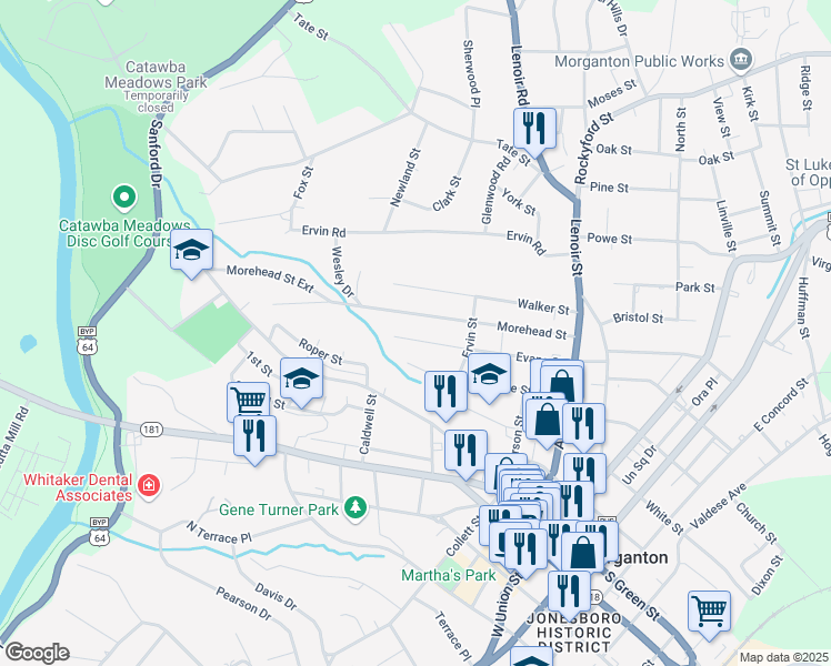 map of restaurants, bars, coffee shops, grocery stores, and more near 226 Evans Street in Morganton