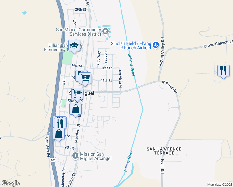 map of restaurants, bars, coffee shops, grocery stores, and more near 844 North River Road in San Miguel