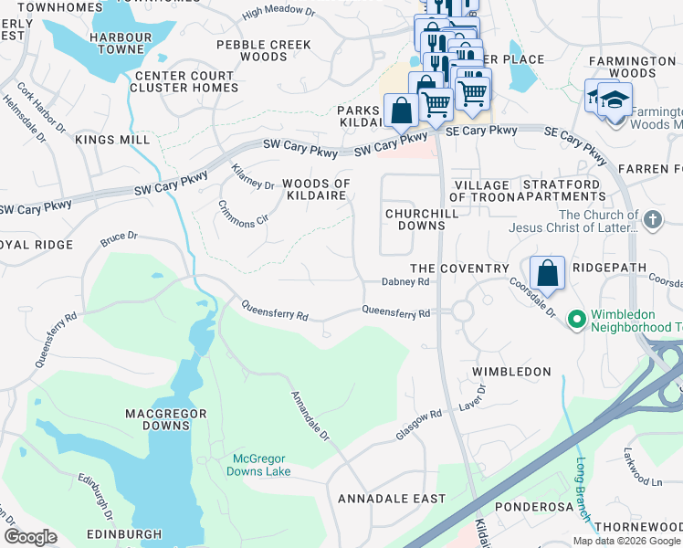 map of restaurants, bars, coffee shops, grocery stores, and more near 204 Beachers Brook Lane in Cary