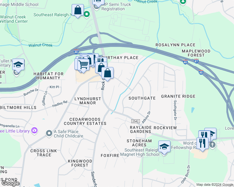 map of restaurants, bars, coffee shops, grocery stores, and more near 1900 Edwin Drive in Raleigh
