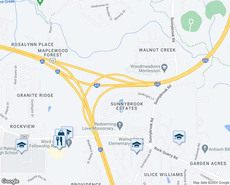 map of restaurants, bars, coffee shops, grocery stores, and more near 3317 Sunbright Lane in Raleigh
