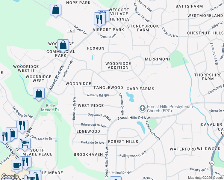 map of restaurants, bars, coffee shops, grocery stores, and more near 1803 Chelsea Drive Northwest in Wilson
