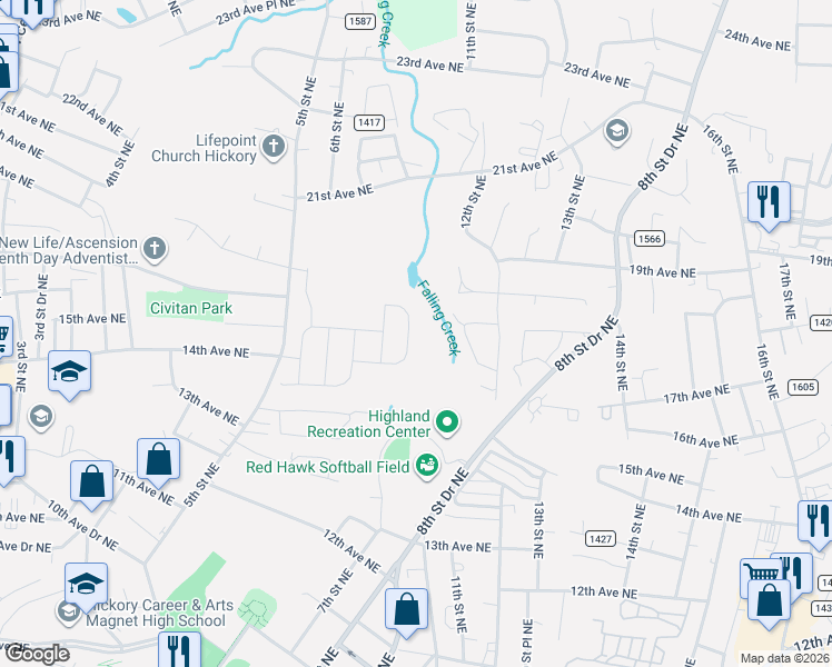 map of restaurants, bars, coffee shops, grocery stores, and more near 752 14th Avenue Court Northeast in Hickory