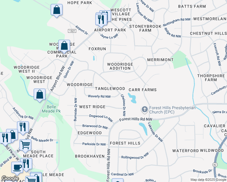 map of restaurants, bars, coffee shops, grocery stores, and more near 1803 Chelsea Drive Northwest in Wilson
