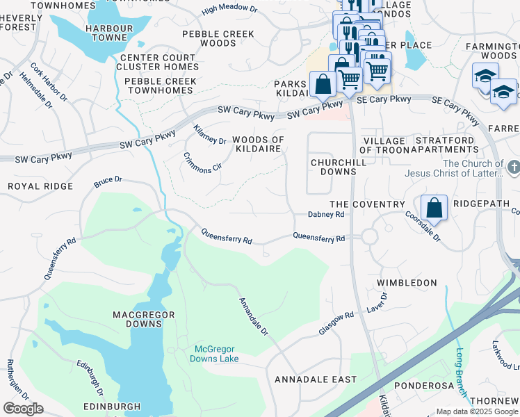map of restaurants, bars, coffee shops, grocery stores, and more near 212 Beachers Brook Lane in Cary