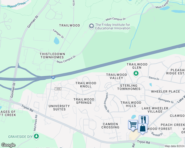 map of restaurants, bars, coffee shops, grocery stores, and more near 3050 Trailwood Pines Lane in Raleigh