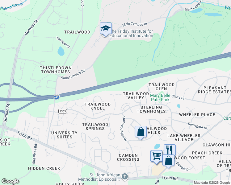 map of restaurants, bars, coffee shops, grocery stores, and more near 3000 Trailwood Pines Lane in Raleigh