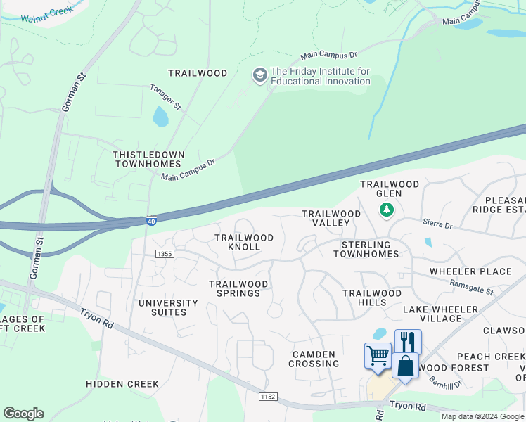 map of restaurants, bars, coffee shops, grocery stores, and more near 3050 Trailwood Pines Lane in Raleigh