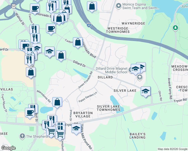 map of restaurants, bars, coffee shops, grocery stores, and more near 5409 Dillard Drive in Raleigh