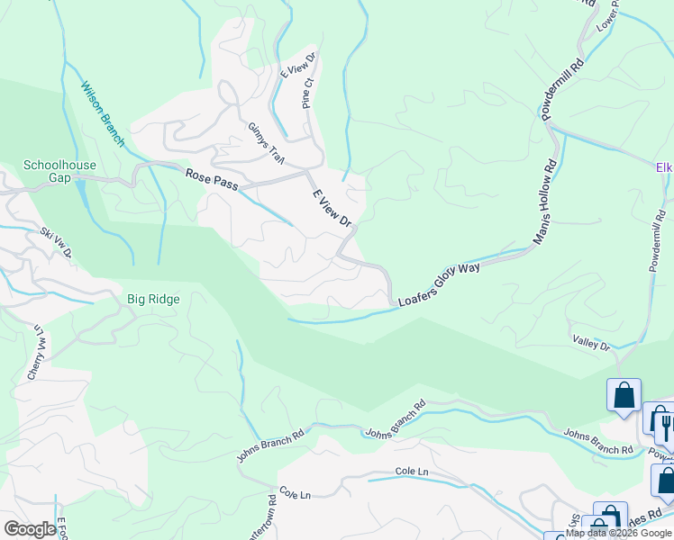 map of restaurants, bars, coffee shops, grocery stores, and more near 2152 East View Drive in Sevierville