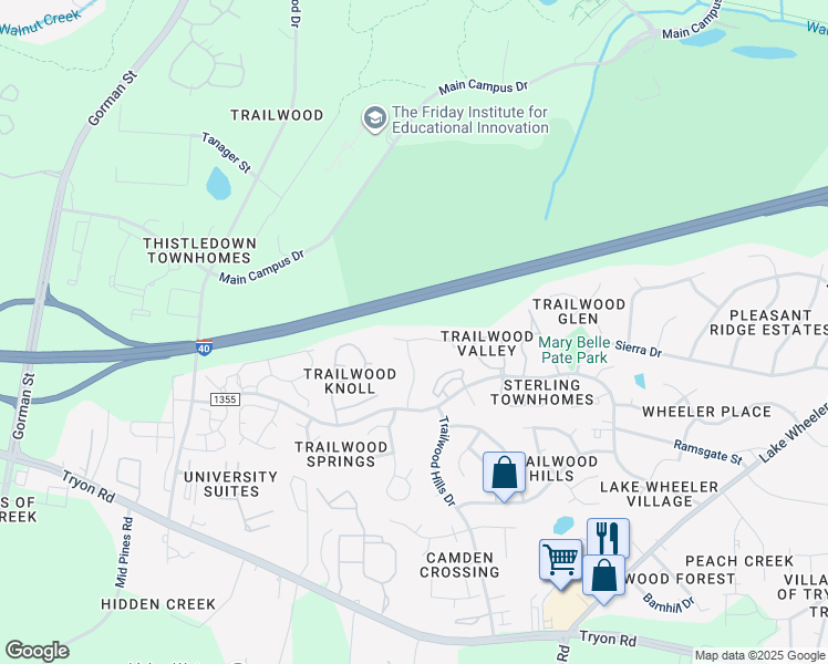 map of restaurants, bars, coffee shops, grocery stores, and more near 3000 Trailwood Pines Lane in Raleigh