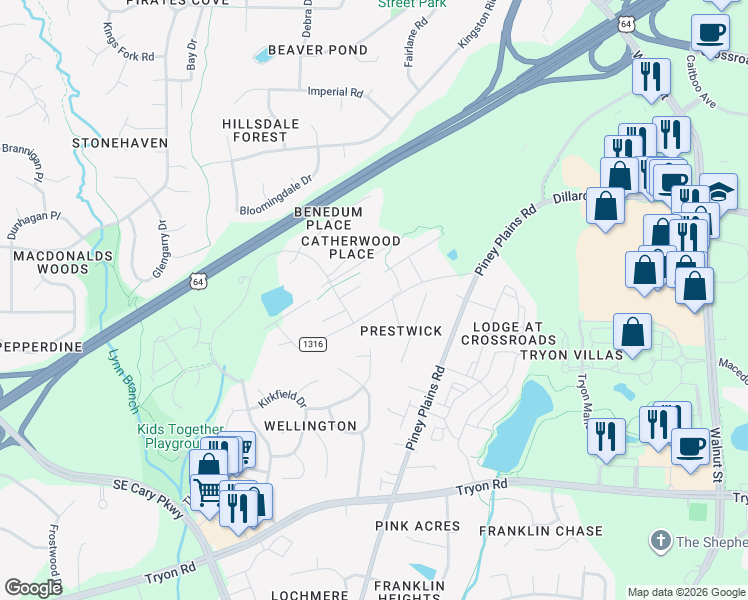 map of restaurants, bars, coffee shops, grocery stores, and more near 112 Putney Drive in Cary