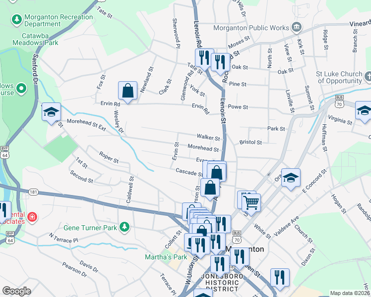 map of restaurants, bars, coffee shops, grocery stores, and more near 123 Morehead Street in Morganton