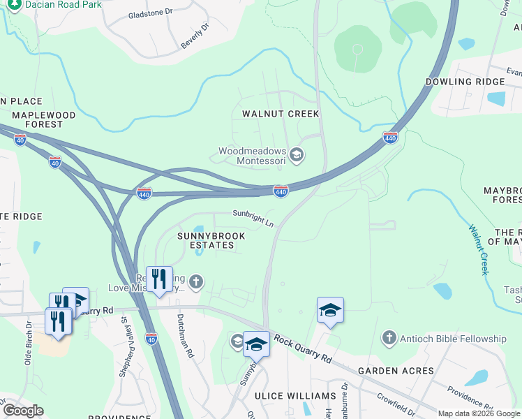 map of restaurants, bars, coffee shops, grocery stores, and more near 3613 Eastern Branch Road in Raleigh