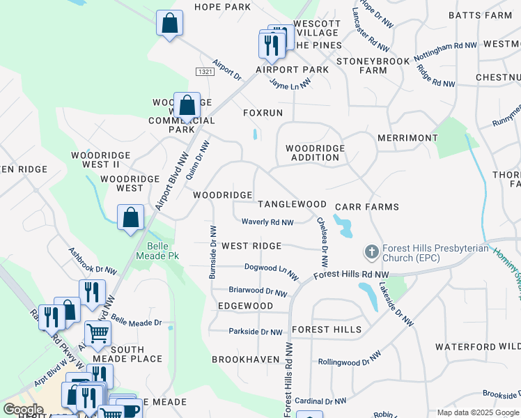 map of restaurants, bars, coffee shops, grocery stores, and more near 1213 Cambridge Road Northwest in Wilson